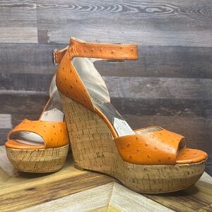 Michael Kors Orange Ostrich Leather Wedge Heels
